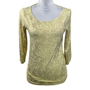 Chicos Gold Metallic Stretch Top Small Long Sleeve Shimmer Holiday Blouse
